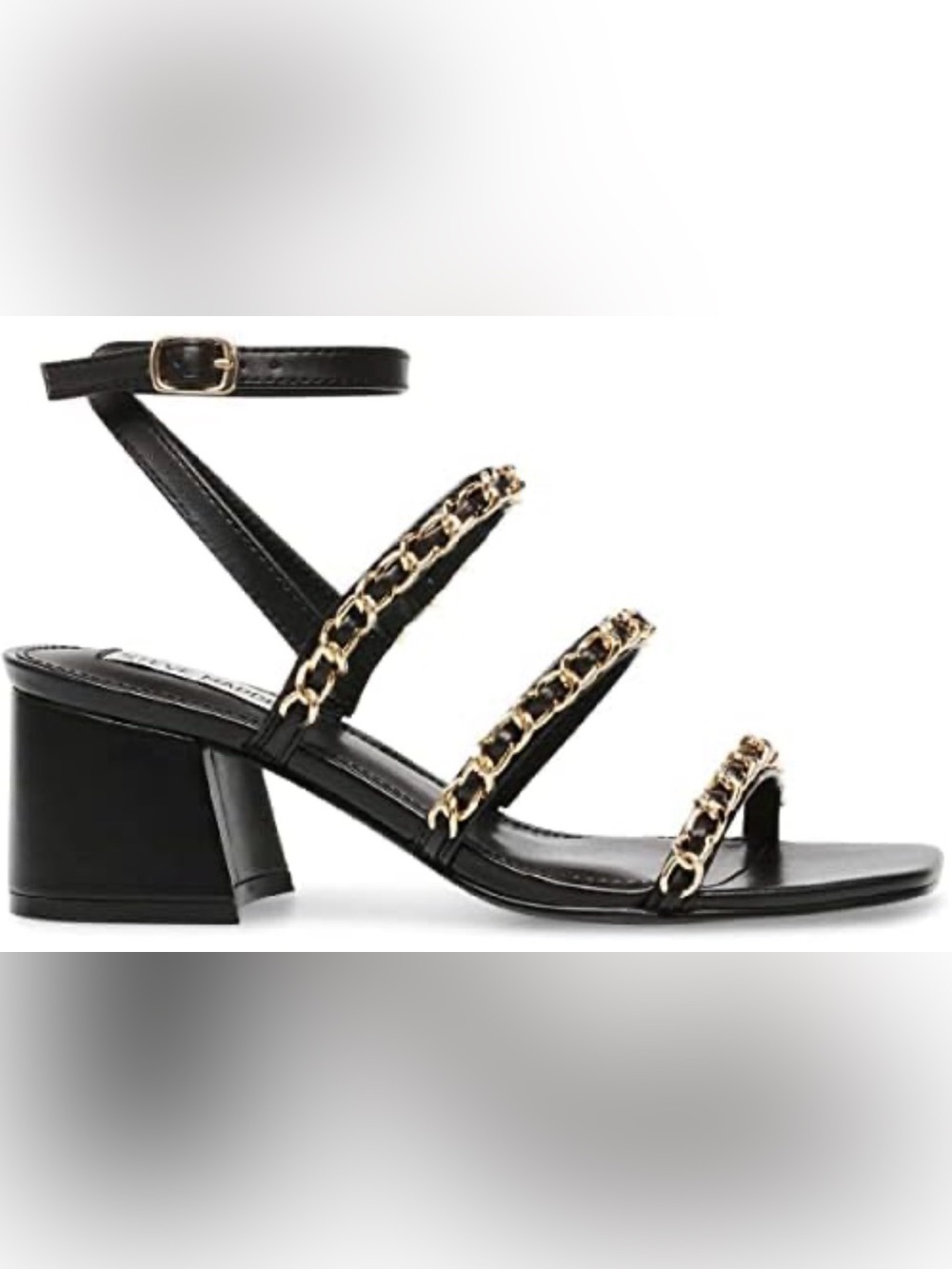 NWOT Steve Madden Square Toe Black Block Heeled Sandals with Gold Chain Straps